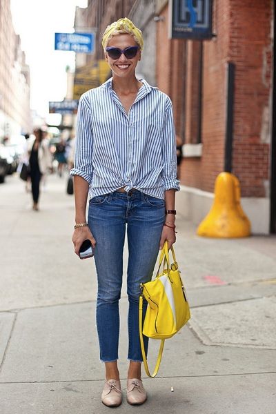 Weekend wear: stripe button up tied at waist, jeans, oxfords, bright purse: 