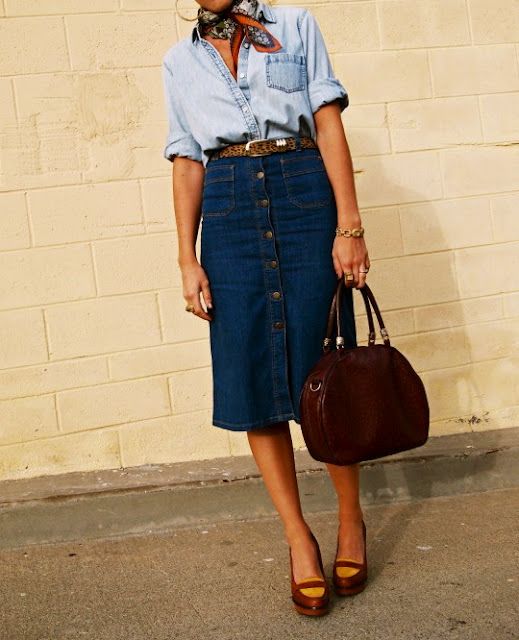 street style: button-front denim skirt: 