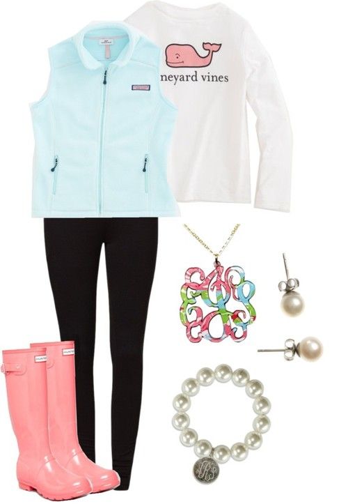 Vineyard vines by giuliannatornillo featuring sterling silver bangles ❤ liked on Polyvoreeven & odd black trousers, $ 26 / Hunter pull on boots / Sterling silver bangle / Lilly Pulitzer chain jewelry / J.Crew j crew earrings / Girls Outerwear: Westerly Vest for Girls - Vineyard Vines / Girls T-Shirts: Long-Sleeve Logo Tee for Girls - Vineyard Vines