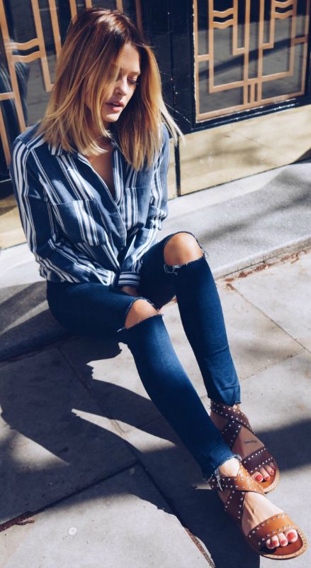 Patterned shirt + denim jeans + casual and sophisticated spring style + Caroline Receveur + navy striped shirt + pretty and simple + pair of leather gladiator style sandals Shirt: River Island, Sandals: Dune .: 