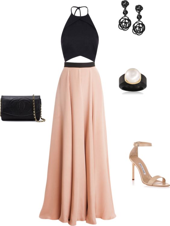 Blush and Black.  Black crop halter top, blush maxi skirt, nude heels, pearl earring, chanel black leather clutch: