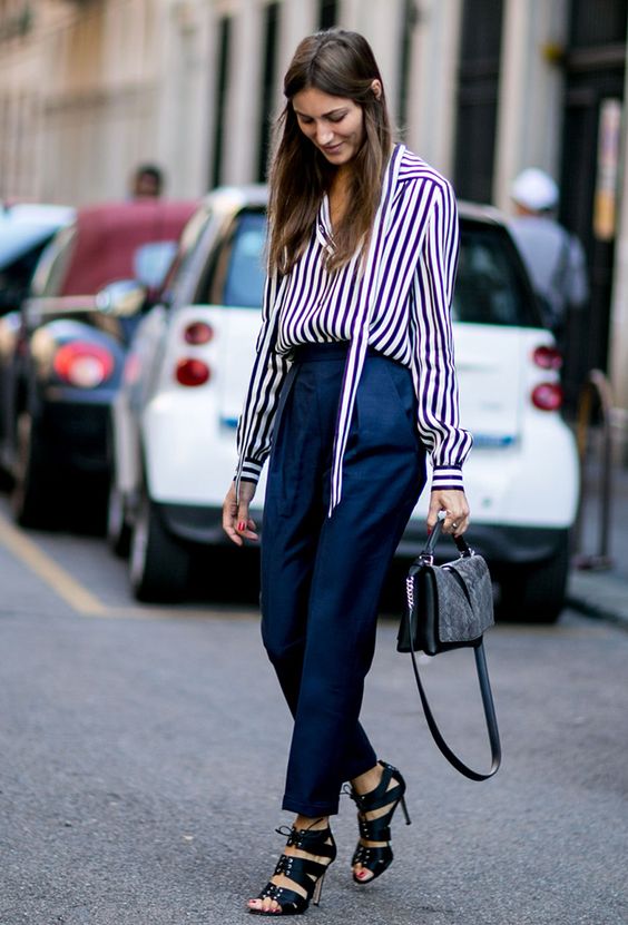 10 Spring Work Outfit Ideas to Copy ASAP |  Striped shirt, navy trousers, and chic heeled sandals: