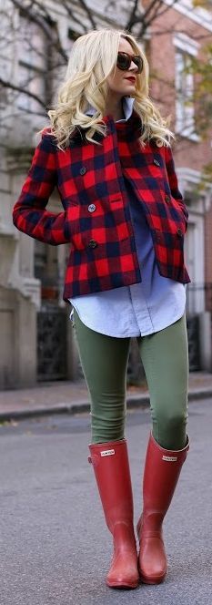 Red & black plaid jacket with red hunters.  Such a cute rain outfit