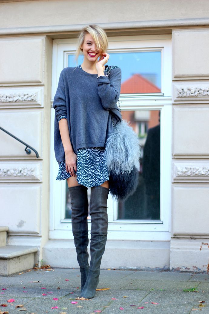 Over the knee boots with patterned skirt and oversized knit.  #fall #fashion: